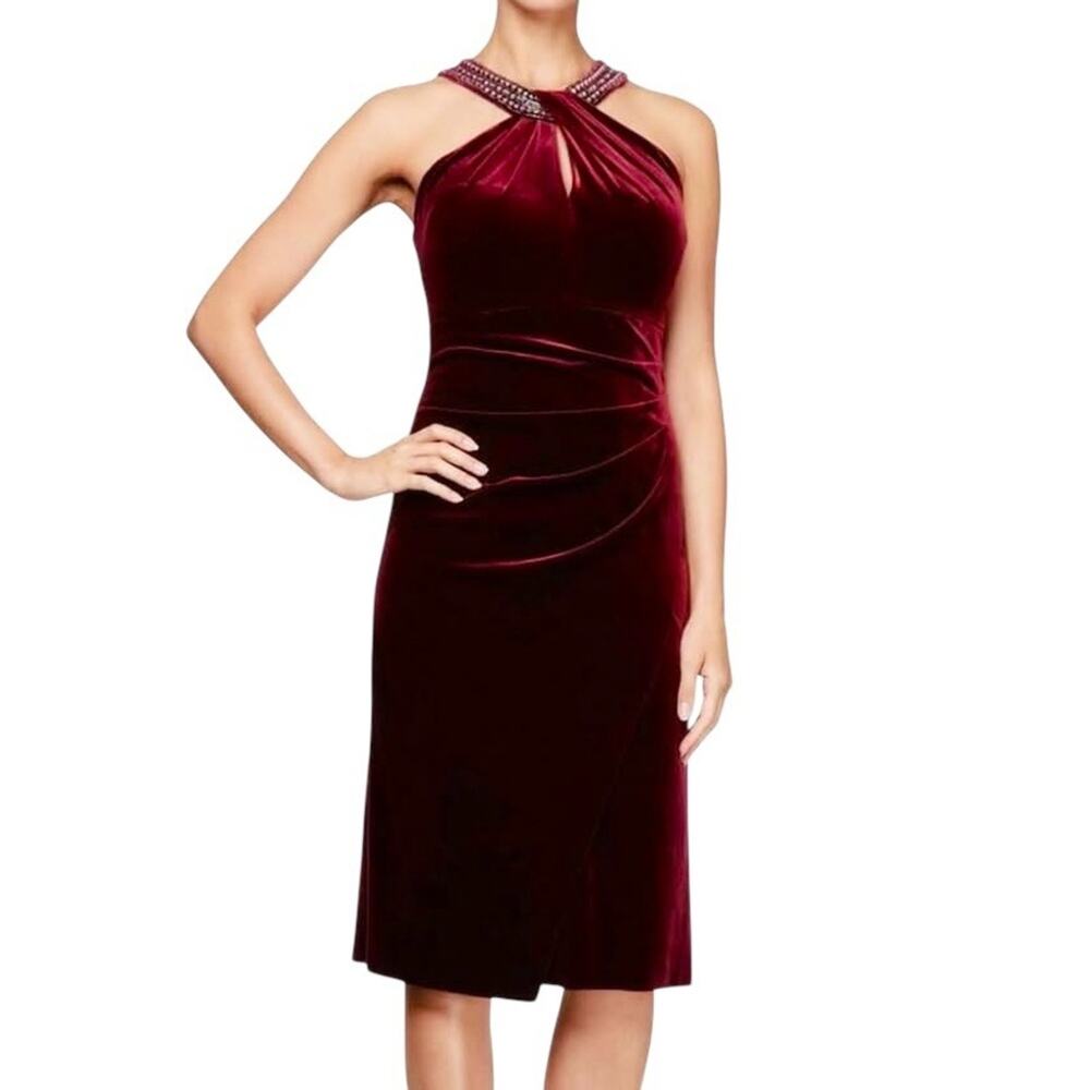alex evenings embellished halter dress | Dresses | Alex Evenings Velvet 2 Burgundy Keyhole Crystal Beaded Ruched Vamp Cocktail dress